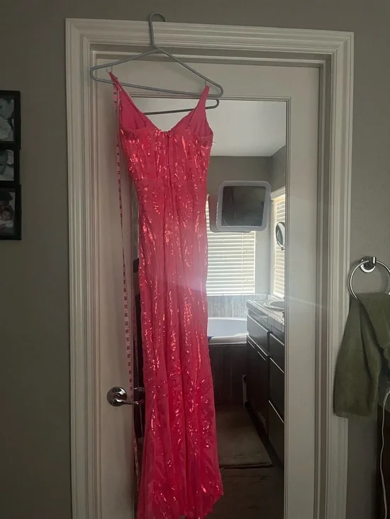 Pink/Coral Sequin Embellished Evening Gown - Picture 3 of 9